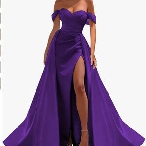 Off The Shoulder Prom Dresses Long Ball Gown with Slit Mermaid Pleaed Satin Form